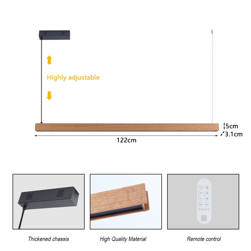 Immax NEO 07303L - stmievateľný LED luster na lanku MADEIRA LED/26W/230V Wi-Fi Tuya 122 cm dub + diaľkové ovládanie