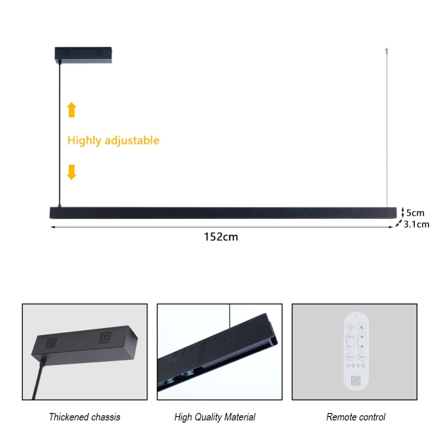 Immax NEO 07307L - LED stmievateľný luster na lane MADEIRA LED/33W/230V Wi-Fi Tuya 152 cm čierna + diaľkové ovládanie