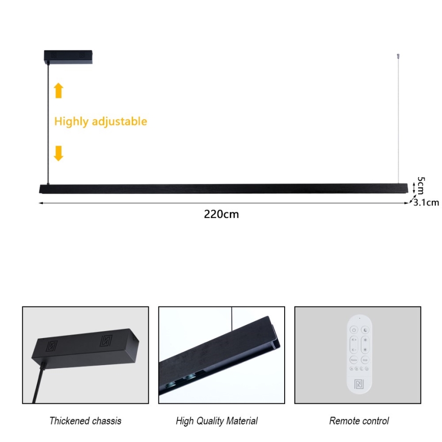 Immax NEO 07308L - Stmievateľný LED luster na lanku MADEIRA LED/44W/230V Wi-Fi Tuya 202 cm čierna + diaľkové ovládanie