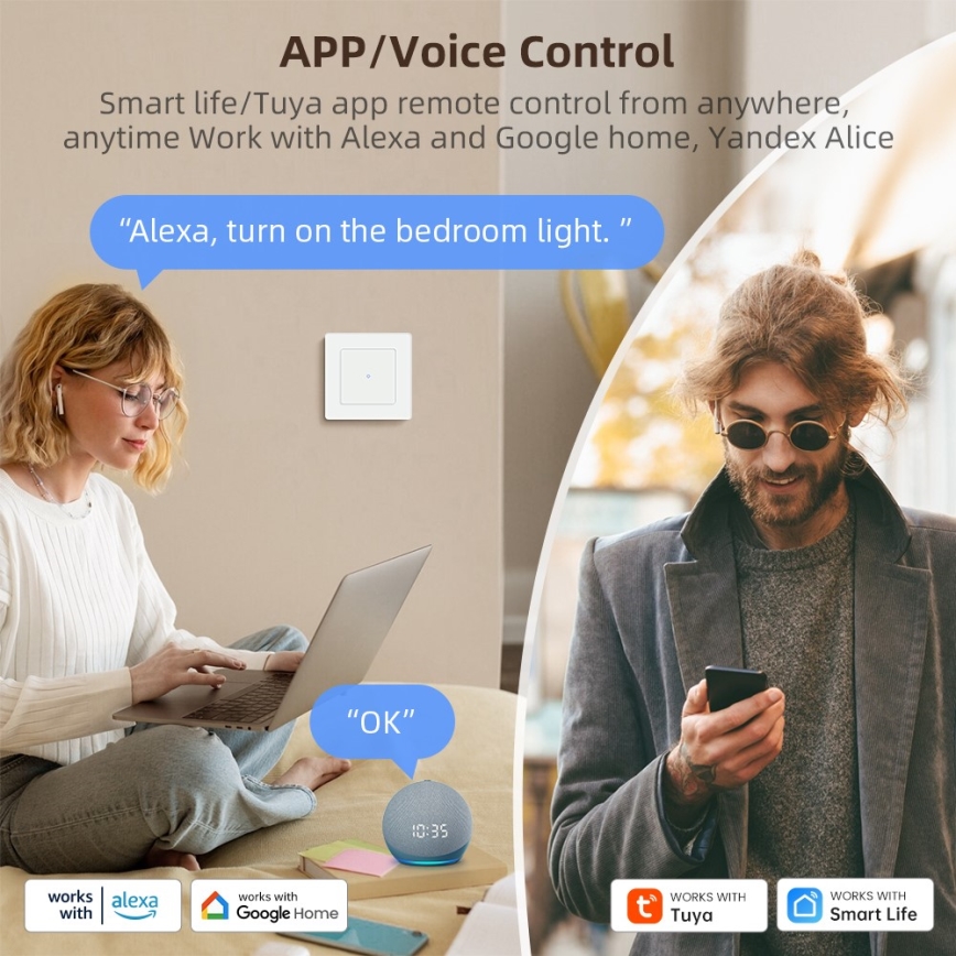 Immax NEO 07539L - 2-tlačidlový SMART vypínač 230V Wi-Fi Tuya