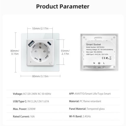 Immax NEO 07544L - Inteligentná zásuvka typu E 16A/230V + 1x USB-A + 1x USB-C PD 20W Tuya Wi-Fi