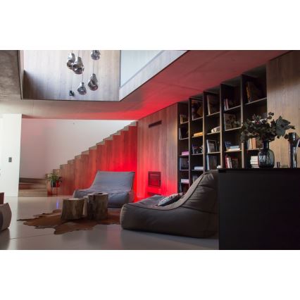 Veľká hnedá sedačka s vankúšom je umiestnená v priestrannej miestnosti s drevenou knižnicou, schodiskom a červeným osvetlením. Na podlahe je kožušina a drevený stolík.