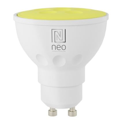 LED žiarovka s guľovitým bielym telom a žltým vrchnákom, s logom „N neo, intelligent friendly light“, je zobrazená na bielom pozadí.