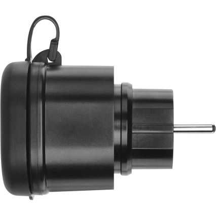 Čierny adaptér na sieťovú zástrčku je zobrazený zboku. Adaptér má valcovitý tvar s okrúhlou časťou a pripojenou zástrčkou. Na vrchu je malé očko. Pozadie je biele.