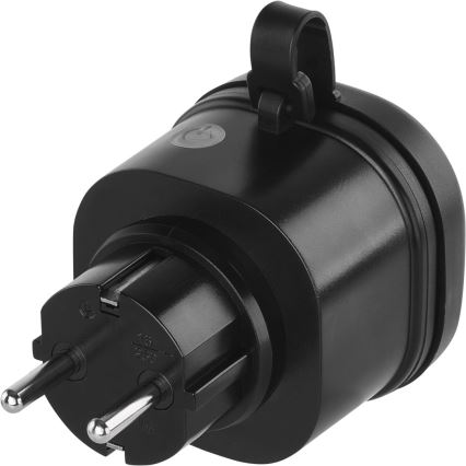 Čierny sieťový adaptér s dvojpinovým konektorom sa pripája do elektrickej zásuvky. Má zapínacie tlačidlo a hornú slučku na zavesenie.