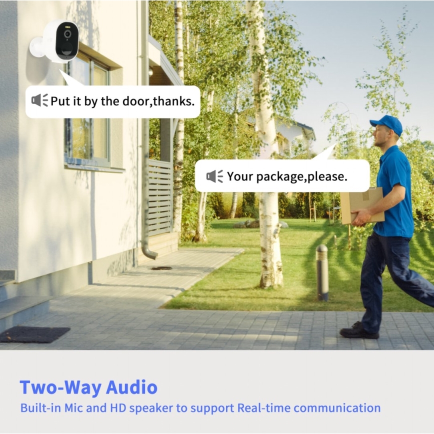 Kuriér nesie balík k domu. Kamerový systém komunikuje s kuriérom: „Váš balík, prosím.“ a „Dajte ho k dverám, ďakujem.“ Systém má vstavaný mikrofón a HD reproduktor pre obojsmernú komunikáciu.