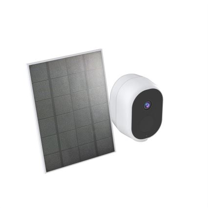 Bezdrôtová bezpečnostná kamera s objektívom nahráva video. Napája ju solárny panel. Oba sú umiestnené na bielom pozadí.