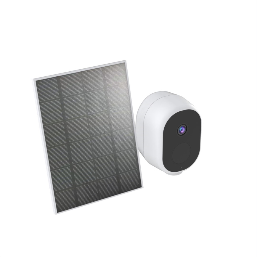 Bezdrôtová bezpečnostná kamera s objektívom nahráva video. Napája ju solárny panel. Oba sú umiestnené na bielom pozadí.