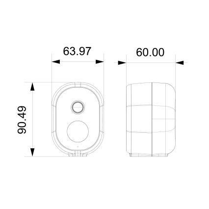 Technický výkres zobrazuje rozmery oválneho zariadenia. Zariadenie má výšku 90.49, šírku 63.97 a hĺbku 60.00. Je znázornené v prednom a bočnom pohľade.
