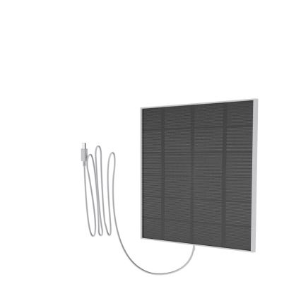 Solárny panel s USB káblom je zobrazený na bielom pozadí. Panel generuje energiu. Kábel je pripojený k panelu a voľný koniec je zakončený USB konektorom.