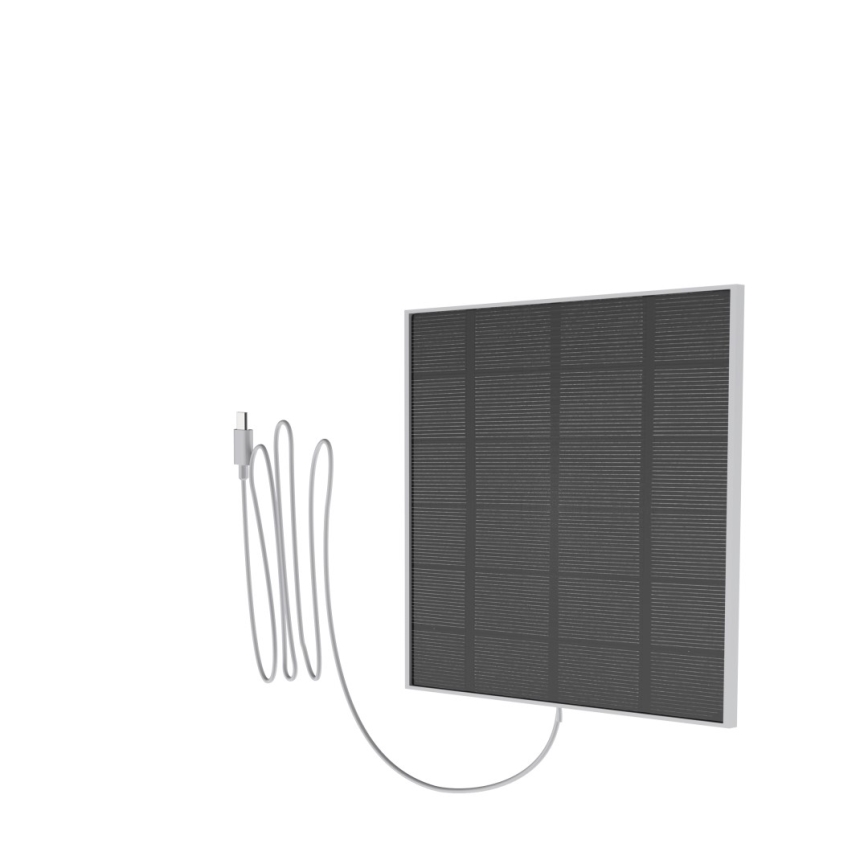 Solárny panel s USB káblom je zobrazený na bielom pozadí. Panel generuje energiu. Kábel je pripojený k panelu a voľný koniec je zakončený USB konektorom.