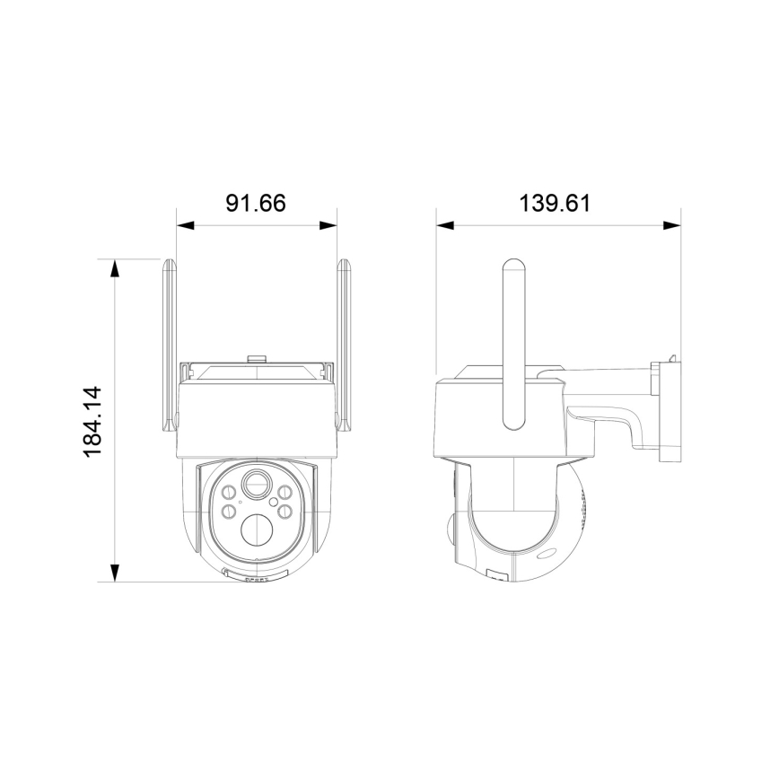 Bezdrôtová PTZ kamera s rozmermi 184,14 x 91,66 a 184,14 x 139,61 mm je zobrazená spredu a zboku. Kamera je vybavená viacerými senzormi a anténami. Ilustrácia obsahuje technické rozmery.