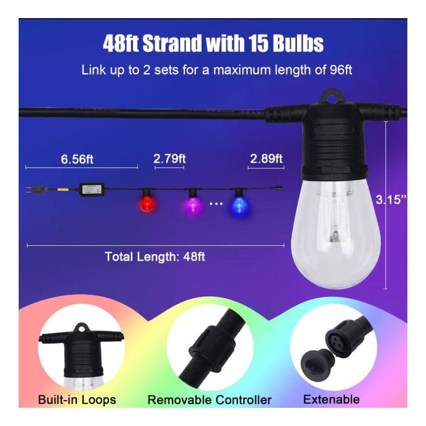 LED RGB+CCT Stmievateľná vonkajšia reťaz GIRLANDA 15xLED/1W/230V 15m Wi-Fi Tuya IP65 + diaľkové ovládanie