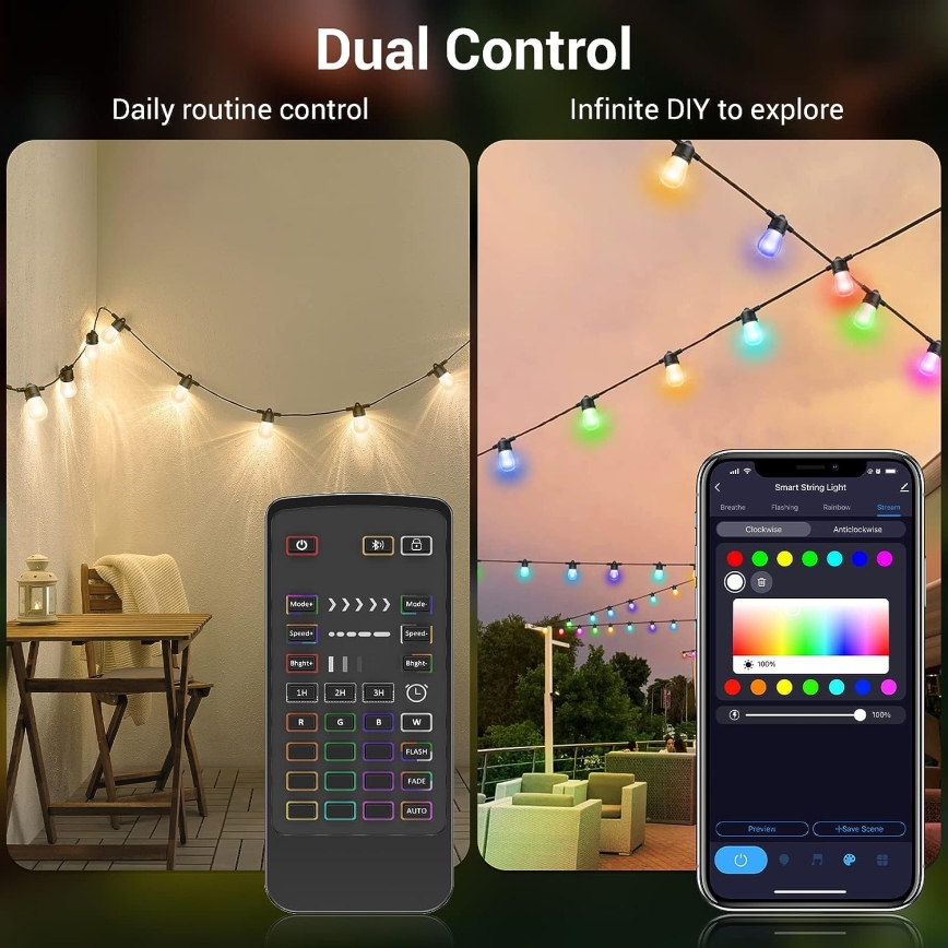 LED RGB+CCT Stmievateľná vonkajšia reťaz GIRLANDA 15xLED/1W/230V 15m Wi-Fi Tuya IP65 + diaľkové ovládanie