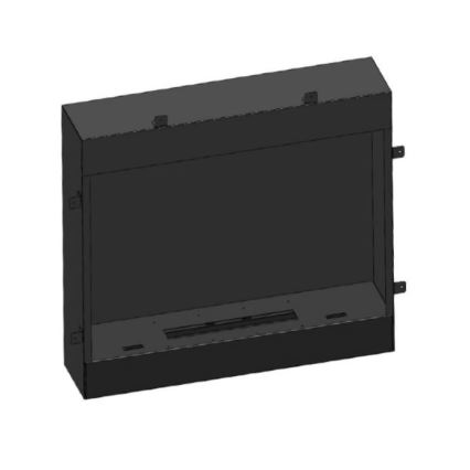 Čierna kovová krbová vložka je zobrazená na bielom pozadí. Vložka má obdĺžnikový tvar s otvorom pre oheň v spodnej časti. Je pripravená na montáž.