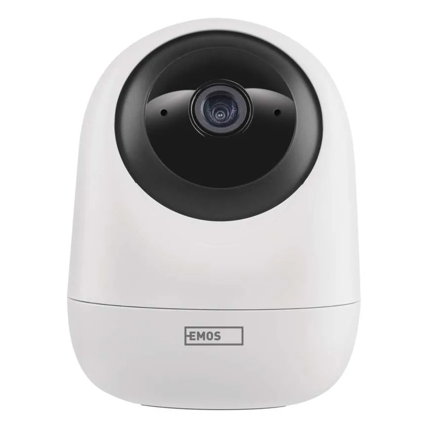 Biela kamera s čiernou šošovkou sníma obraz. Na spodnej strane je nápis „EMOS“. Kamera je umiestnená na bielom pozadí.