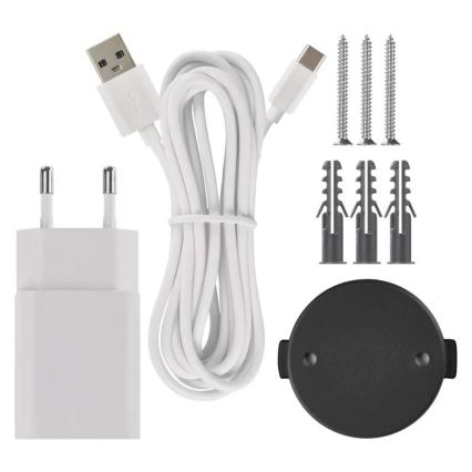 Súprava na montáž obsahuje nabíjací USB kábel, sieťovú nabíjačku, tri skrutky, tri hmoždinky a čierny nástenný držiak. Súčasťou je aj USB-C konektor na kábli.