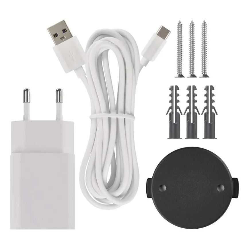 Súprava na montáž obsahuje nabíjací USB kábel, sieťovú nabíjačku, tri skrutky, tri hmoždinky a čierny nástenný držiak. Súčasťou je aj USB-C konektor na kábli.