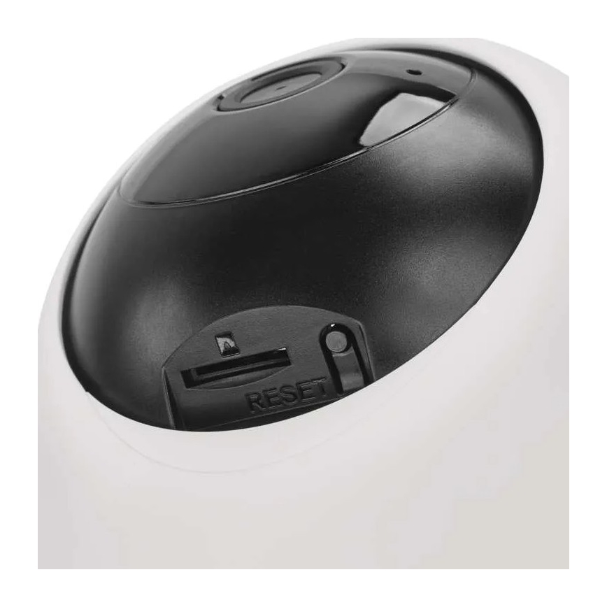 Bezdrôtová kamera s čiernou šošovkou a bielym telom je zobrazená z boku. Na spodnej časti je viditeľný slot pre pamäťovú kartu a tlačidlo RESET. Kamera je na bielom pozadí.