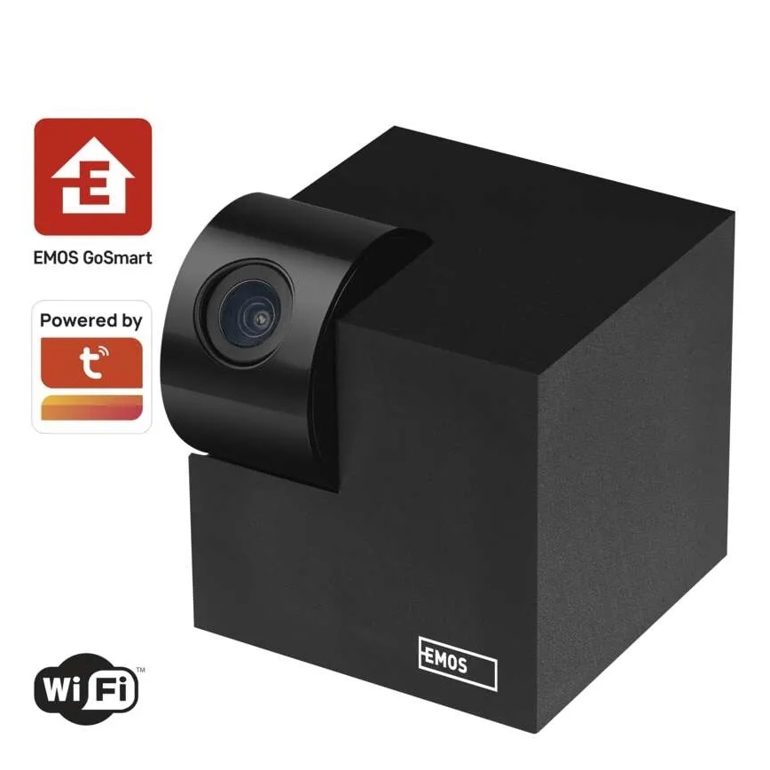Čierna bezpečnostná kamera EMOS GoSmart s objektívom nahliada na okolie. Kamera je umiestnená na čiernej štvorcovej základni. Je poháňaná technológiou WiFi.
