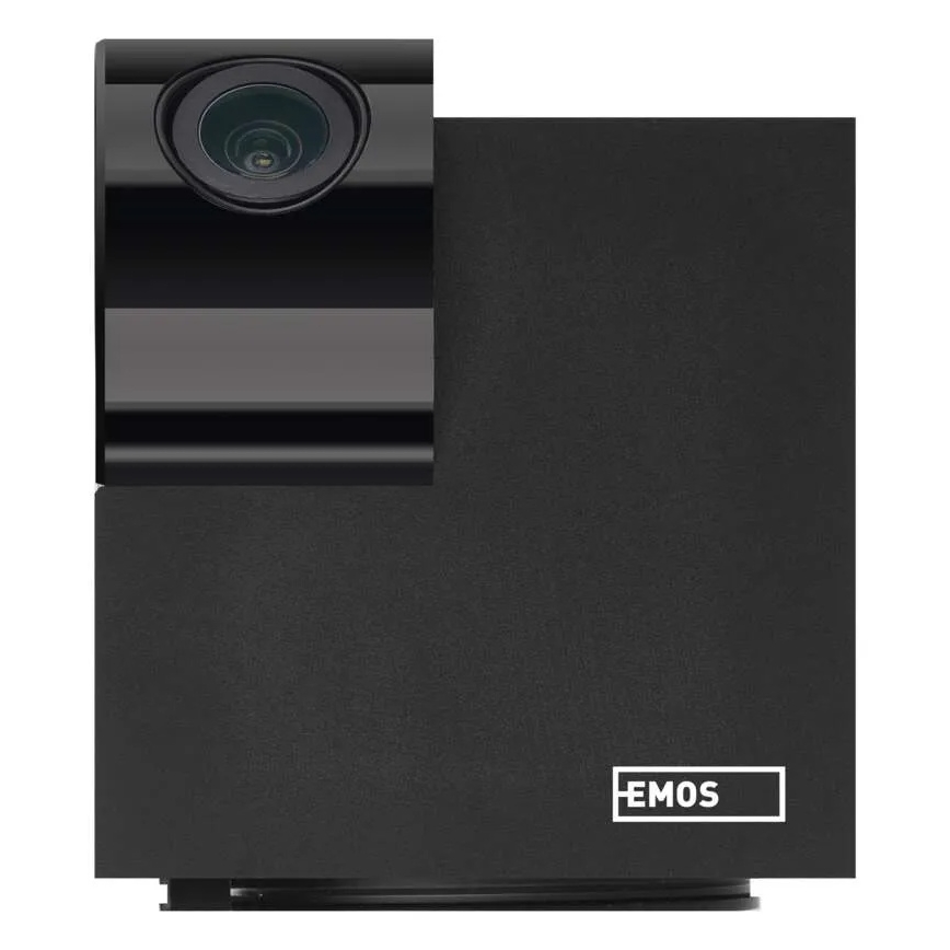Čierna kamera s objektívom sníma obraz. Je umiestnená na čiernej štvorcovej základni s nápisom „EMOS“.