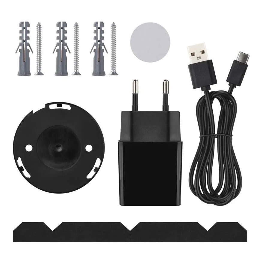 Sada príslušenstva obsahuje nástenný držiak, štyri hmoždinky so skrutkami, samolepiacu podložku, sieťovú nabíjačku, USB kábel a krytku. Súčasťou je aj lepiaca páska.