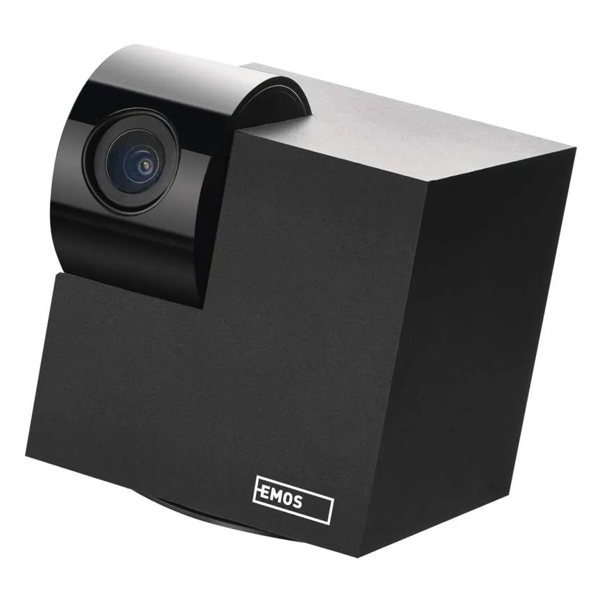 Čierna bezpečnostná kamera EMOS sníma obraz. Je umiestnená na čiernom hranolovom podstavci.