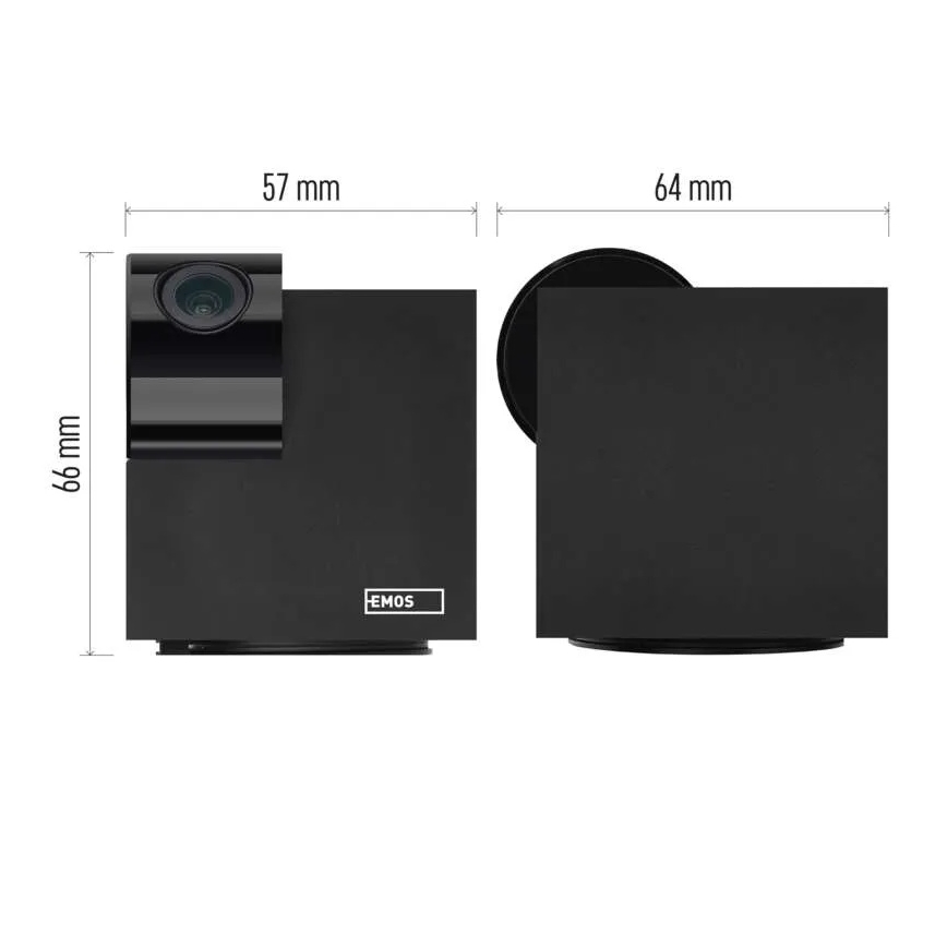 Čierno-čierna bezpečnostná kamera EMOS s objektívom je zobrazená z dvoch uhlov. Rozmery sú 66 mm x 57 mm x 64 mm.