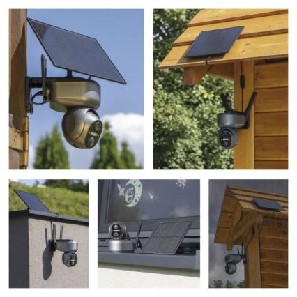 Bezdrôtová kamera s dvoma objektívmi a solárnym panelom je namontovaná na rôznych exteriéroch: drevenej stene, tehlovej stene a pod strechou. Kamera sníma okolie.
