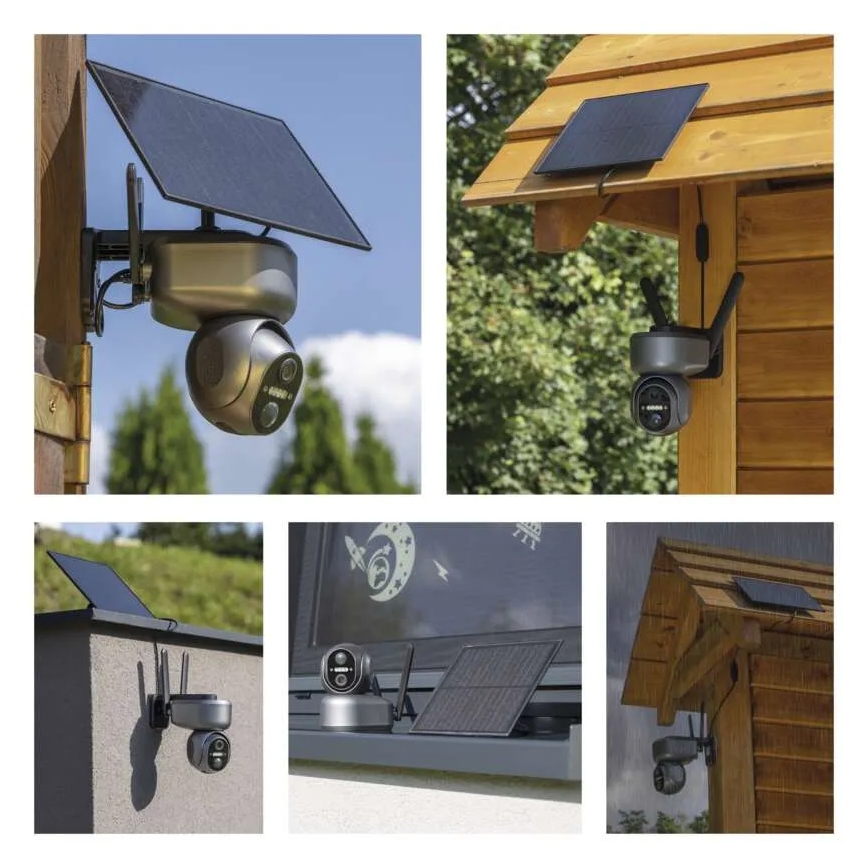 Bezdrôtová kamera s dvoma objektívmi a solárnym panelom je namontovaná na rôznych exteriéroch: drevenej stene, tehlovej stene a pod strechou. Kamera sníma okolie.