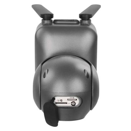 Šedá PTZ kamera s anténami je zobrazená spredu. Na spodnej časti sú sloty pre SIM kartu a microSD kartu označené ako SIMO a TF. Nachádza sa tu aj tlačidlo RESET.