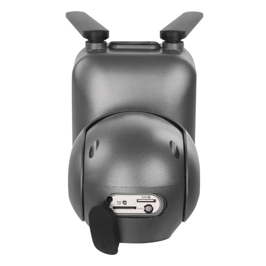 Šedá PTZ kamera s anténami je zobrazená spredu. Na spodnej časti sú sloty pre SIM kartu a microSD kartu označené ako SIMO a TF. Nachádza sa tu aj tlačidlo RESET.