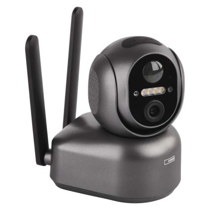 Bezdrôtová IP kamera s dvoma anténami sníma obraz. Je tmavosivá, umiestnená na podstavci. Na podstavci je nápis „SONOFF“.