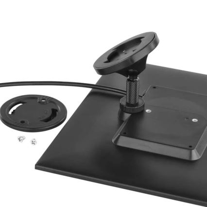 Držiak sa montuje na plochú základňu. Súčasťou je guľový kĺb, kábel a upevňovacie skrutky. Základňa leží na rovnom povrchu.