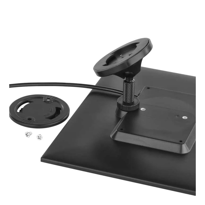 Držiak sa montuje na plochú základňu. Súčasťou je guľový kĺb, kábel a upevňovacie skrutky. Základňa leží na rovnom povrchu.