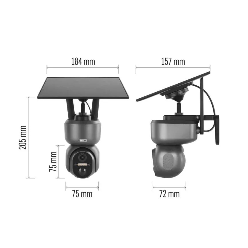 Bezdrôtová kamera s pripojeným solárnym panelom je zobrazená v dvoch uhloch. Rozmery sú uvedené v milimetroch: 205x75x75 a 157x72.