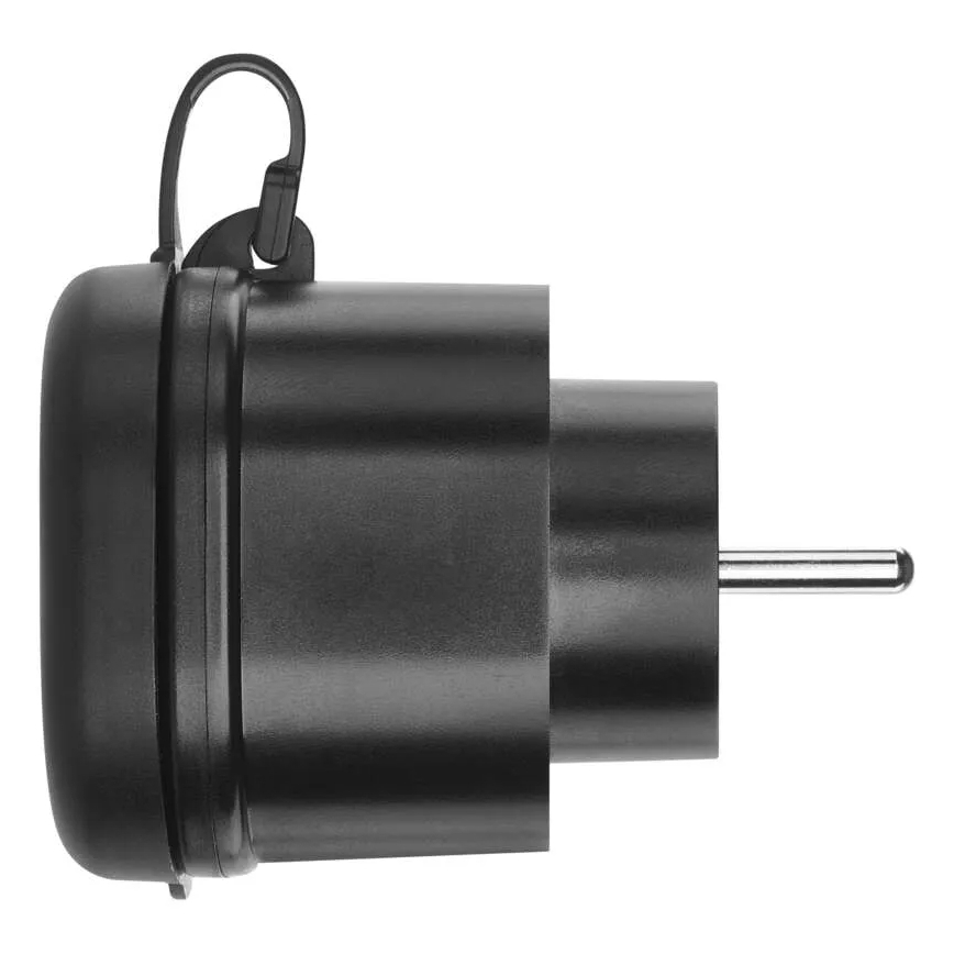 Čierny cestovný adaptér s plastovým puzdrom a háčikom na zavesenie je pripravený na zapojenie do elektrickej zásuvky. Adaptér má jeden kolík.