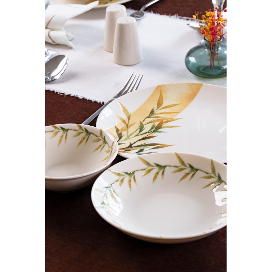 Jedálenská sada 18 ks biela/zelená/žltá/porcelán