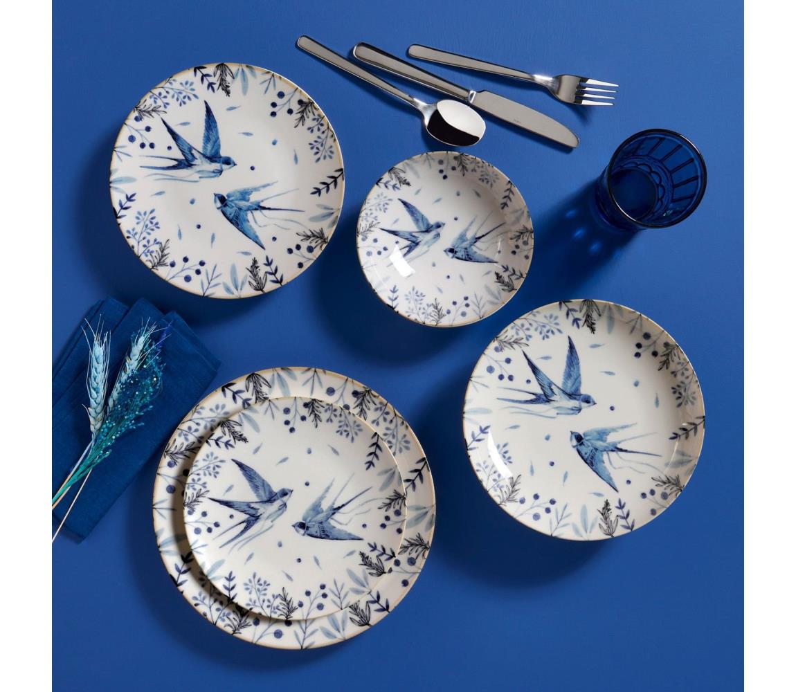 Jedálenská sada 24 ks, biela/modrá, porcelán 387GRP1378