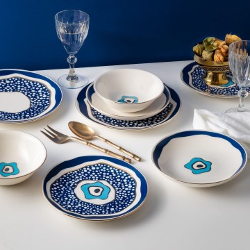 Jedálenská sada 24 ks biela/modrá/zlatá/porcelán