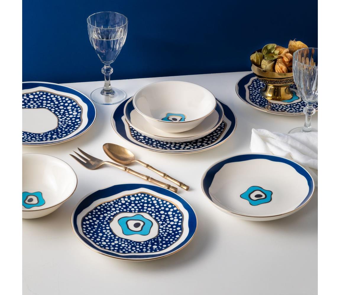 Jedálenská sada 24 ks biela/modrá/zlatá/porcelán 667PRS1140