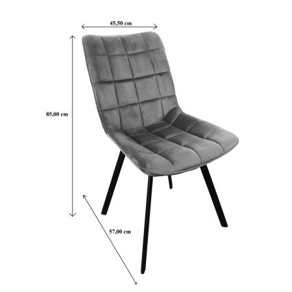 Sivá zamatová stolička s čalúneným sedadlom a operadlom, štyrmi čiernymi nohami. Rozmery: výška 85 cm, šírka 45,5 cm, hĺbka 57 cm.