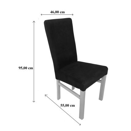 Čierna stolička s čalúneným sedadlom a operadlom stojí na svetlých drevených nohách. Rozmery: výška 95 cm, šírka 55 cm, výška operadla 46 cm.