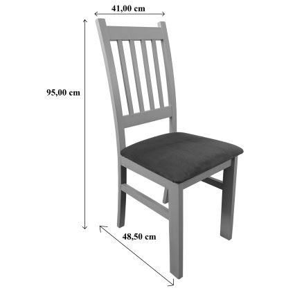 Drevená stolička s čalúneným sedákom stojí na bielom pozadí. Rozmery sú: výška 95 cm, šírka 48,5 cm, hĺbka 41 cm.