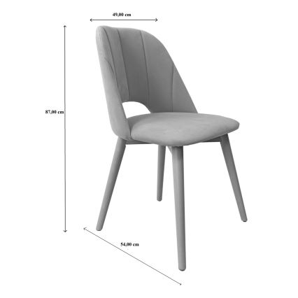 Stolička stojí na bielom pozadí. Je čalúnená sivou látkou, má drevené nohy. Rozmery: výška 87 cm, šírka 49 cm, hĺbka 54 cm.