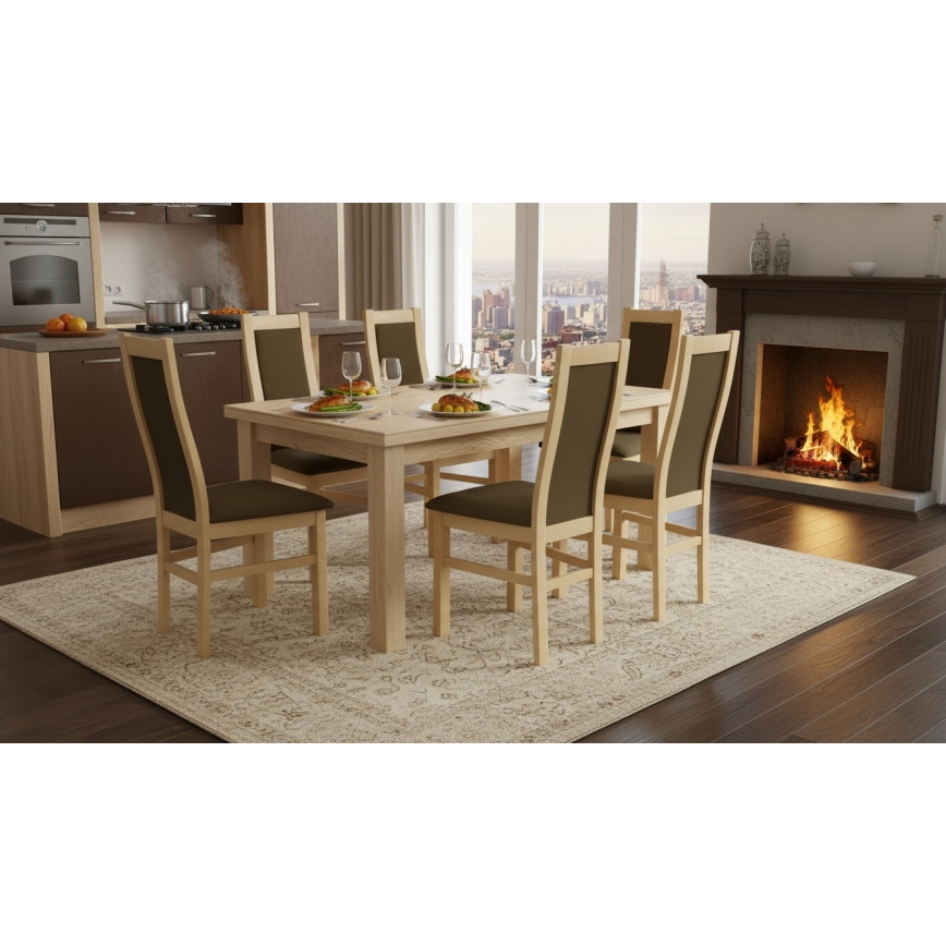 Stolička s hnedým čalúnením operadla a sedadla stojí na svetlom drevenom podstavci. Je zobrazená zo zadu, na bielom pozadí.