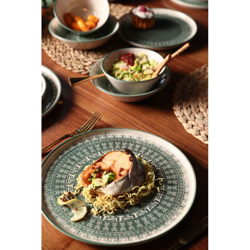 Jedálenská súprava 24 ks béžová/zelená/kamenina