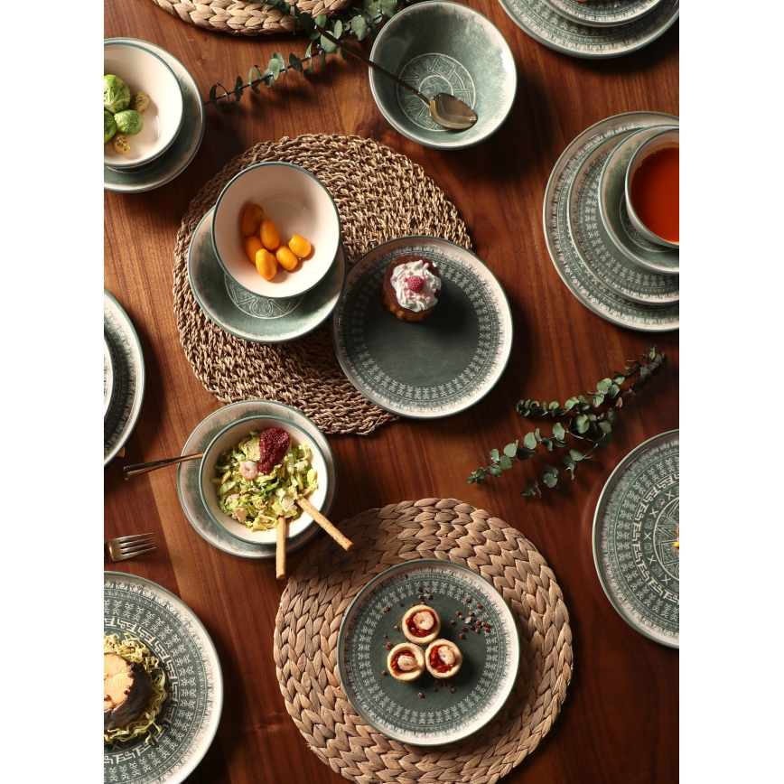 Jedálenská súprava 24 ks béžová/zelená/kamenina