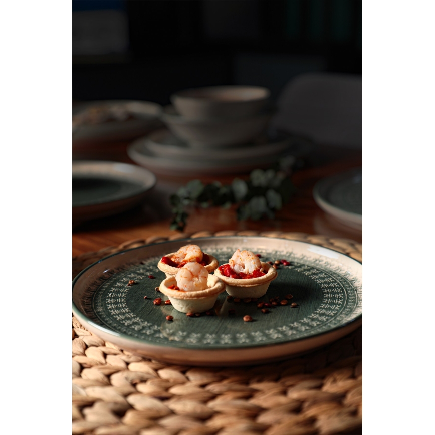 Jedálenská súprava 24 ks béžová/zelená/kamenina