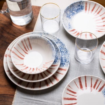 Jedálenská súprava 24 ks biela/červená/modrá /porcelán